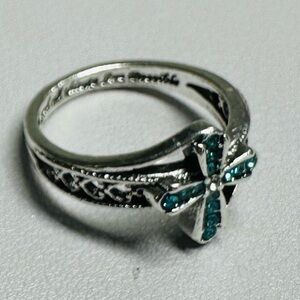 Sterling silver ring with blue gemstone cross